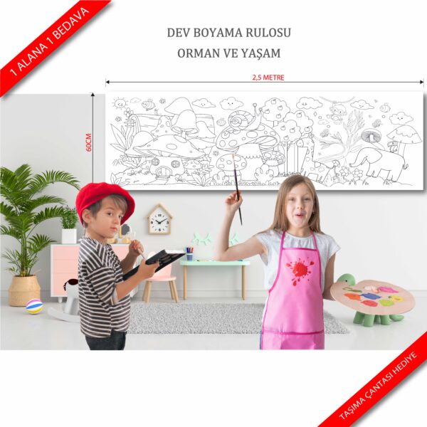 DEV BOYAMA RULOSU ORMAN VE YAŞAM + 1 ADET 12'Lİ KURU KALEM BOYA SETİ - Görsel 4